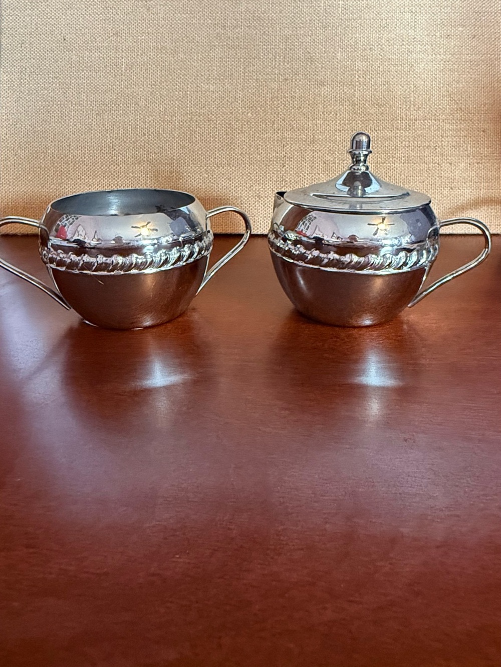 Silver-Tone Creamer and Sugar Set with Decorative Rope Trim